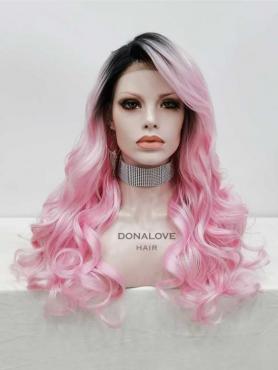 Schwarz nach Rosa Lange Wellige Synthetische Lace Front Perücke SNY323